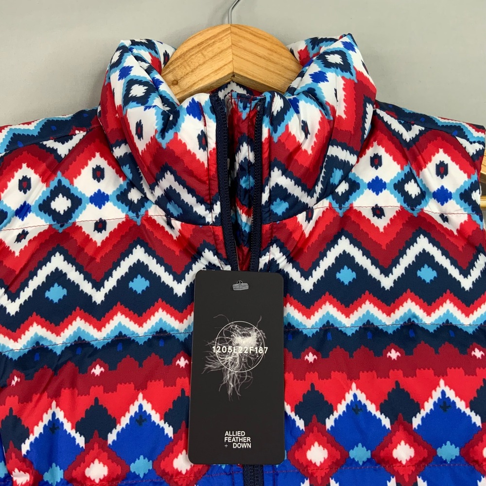 Lands End Women's Puffer Vest Size S/P 6-8 Red Blue White Patterned Down Fill - Picture 3 of 7